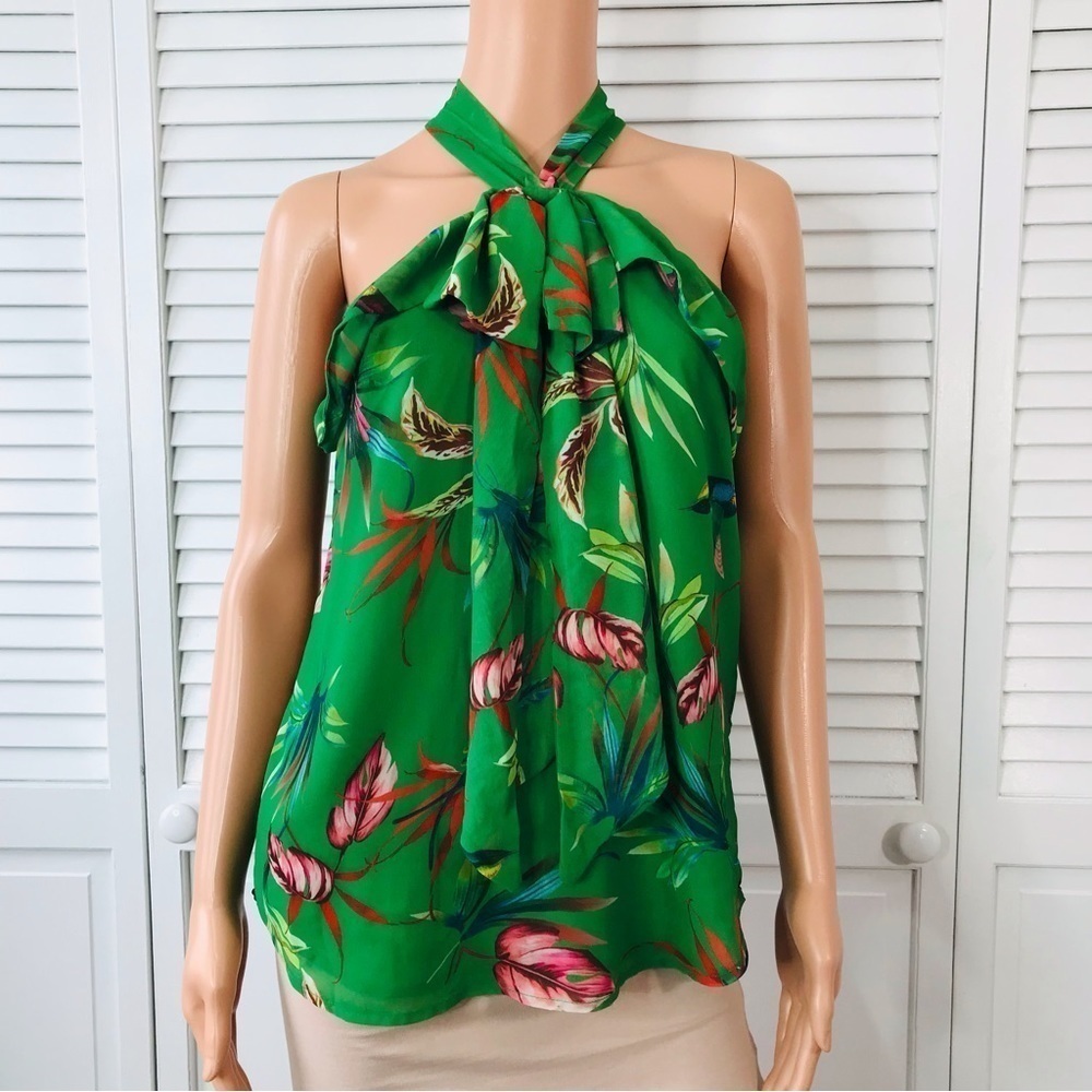 New NEW YORK & COMPANY Green Floral Halter Top Sleeveless Blouse Size XS